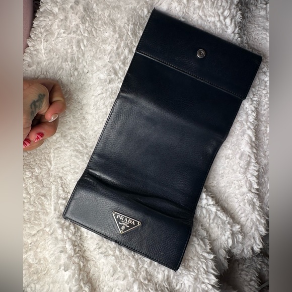 PRADA Logo Plate Tri-Fold Wallet Saffiano Leather Black Used Authentic - Picture 6 of 14